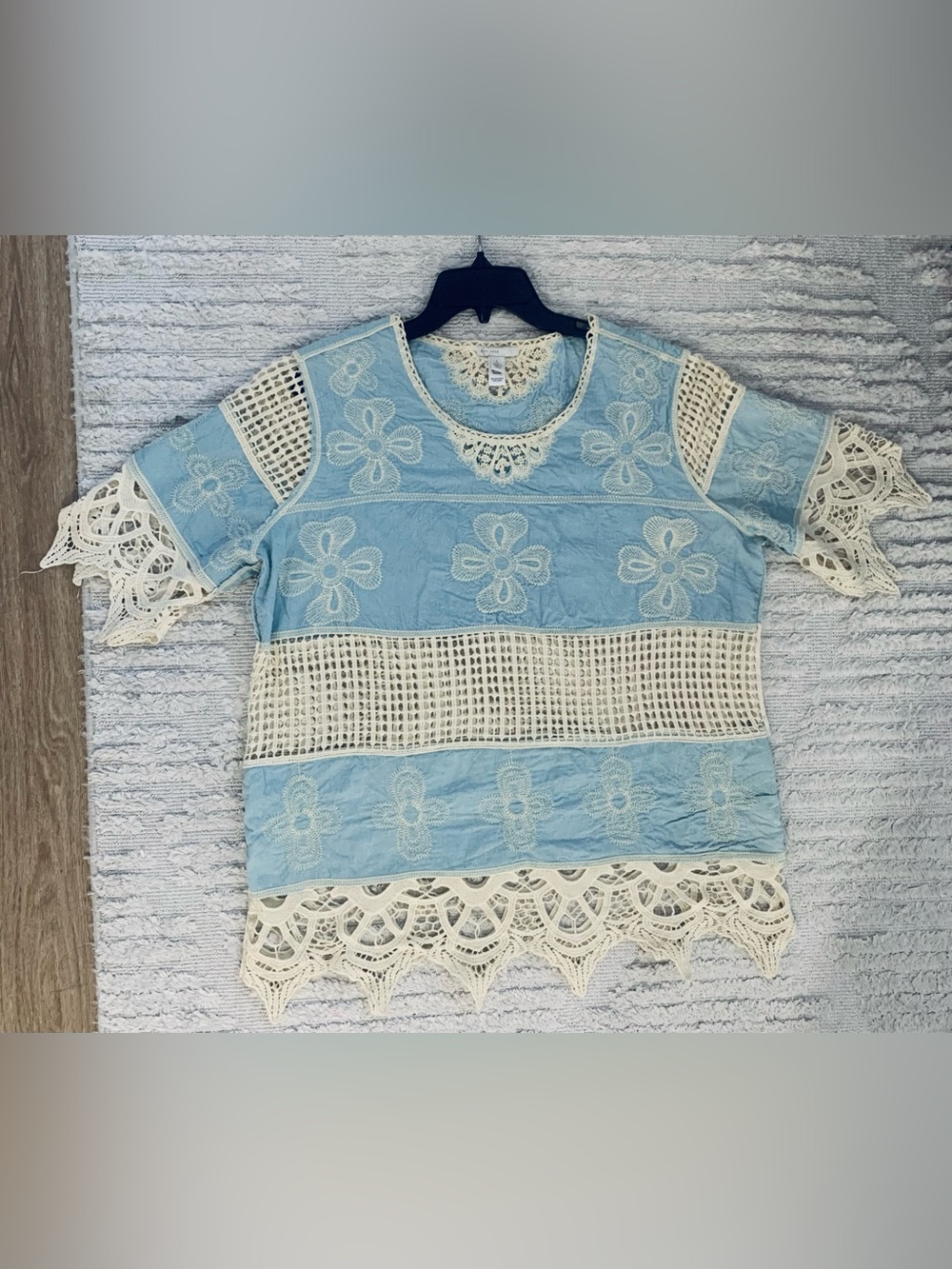 EST 1946 Light Blue and Cream Crochet Tunic Top